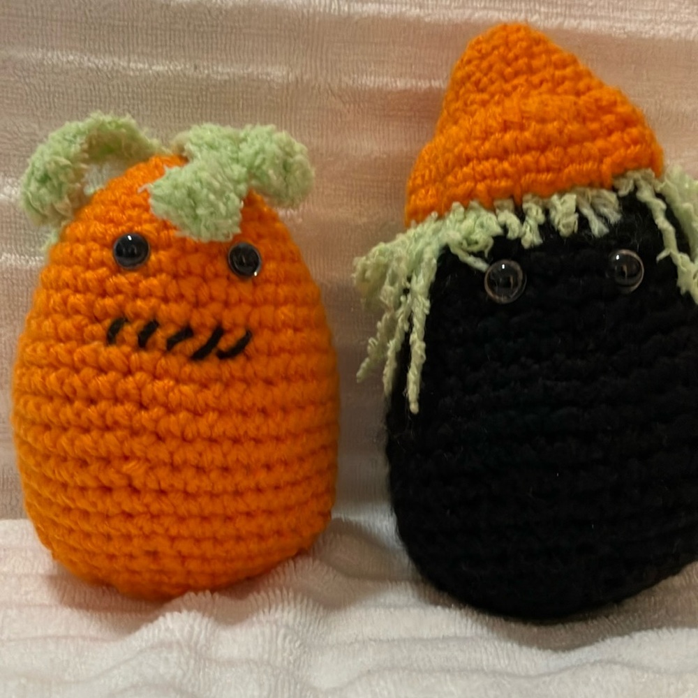 Handmade Crochet Halloween pumpkin and witch. Orange and Black. New.